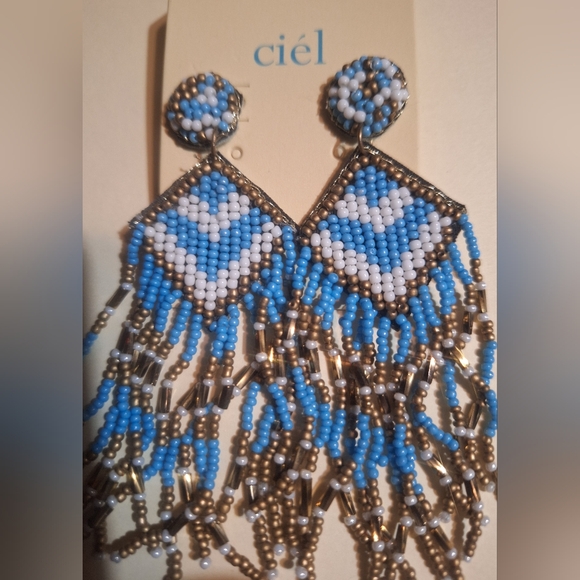 Ciel Brand Seed Bead Earrings In Blue, White & Bronze NIP - Picture 3 of 5